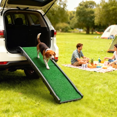 PawHut Rampa para Perros con Césped Artificial 155 cm Rampa para Perros para Coche Plegable con Asa Ángulo Ajustable Verde