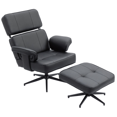 HOMCOM Sillón reclinable ajustable con reposapiés, tapizado en piel sintética, reposacabezas regulable en altura, base metálica, Negro