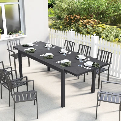 Outsunny Masă de Grădină Extensibilă Blat Aluminiu Efect Lemn Picioare Reglabile 8-10 Persoane 214x85x75cm Gri Antracit