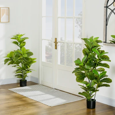 HOMCOM, Set de 2 plante artificiale Ficus Lyrata, arbori artificiali cu ghiveci inclus, înălțime 110 cm, verde