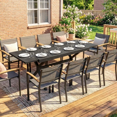 Outsunny Extendable Aluminum Garden Table Wood-Effect Outdoor Dining Table 8-10 People 214x85x73cm Anthracite Gray