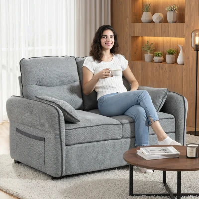 HOMCOM Canapea 2 locuri, canapea de living din velur egiptean, 2 perne incluse, buzunar lateral, 136 x 81 x 90 cm, gri