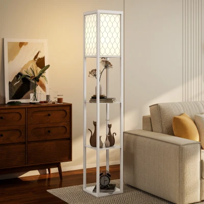 HOMCOM Lámpara de pie 2 en 1 Moderna con 3 Estantes, Casquillo E27, 26 x 26 x 160 cm, Blanco