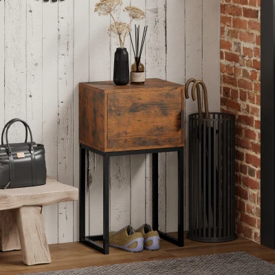 HOMCOM Mesa consola estrecha, con armario, diseño industrial, salón y pasillo, 40x30x76cm, Marrón-Rústico