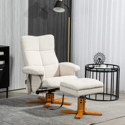 HOMCOM Fotoliu de masaj cu funcție de culcare și taburet, 145° de înclinare, Poliester, 80 x 86 x 99 cm, Crem