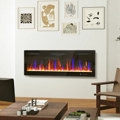 HOMCOM Chimenea Eléctrica Empotrable o de Pared con Temperatura Ajustable, en Acero y Vidrio, 127x9.4x47 cm, Negro