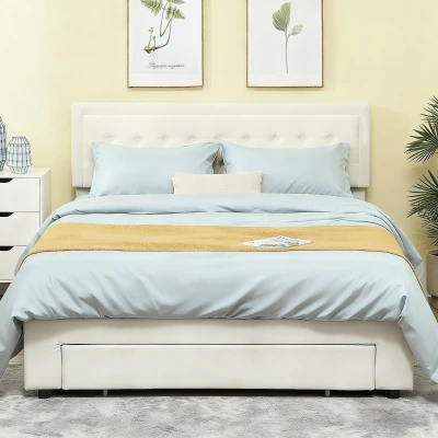 HOMCOM King Ottoman Bed Frame with Drawer - Cream