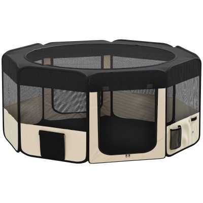 PawHut Parque Dobrável para Cães e Gatos Cercado Portátil para Animais Pequenos em Tecido Oxford Impermeável com 2 Portas Ø90x41 cm Preto