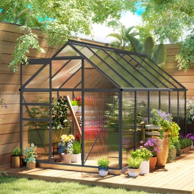 Outsunny Invernadero de jardín en policarbonato y aleación de aluminio con base, invernadero con ventana regulable y puerta corredera 190x375x199cm