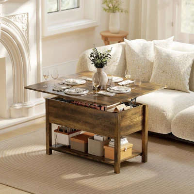 HOMCOM Mesa de centro elevable y extensible mesa de salón con compartimento oculto estante abierto 100x45x50,5cm marrón rústico