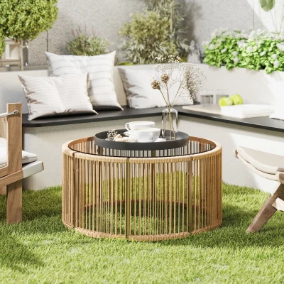 Outsunny Bijzettafel van polyrattan - Koffietafel met gehard glazen tafelblad - Tuintafel met stalen frame - 70 x 70 x 33 cm - Bruin
