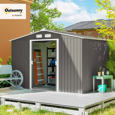 Outsunny 9 x 6FT Outdoor Garden Roofed Metal Storage Shed Tool Box with Foundation Ventilation & Doors Light, Grey