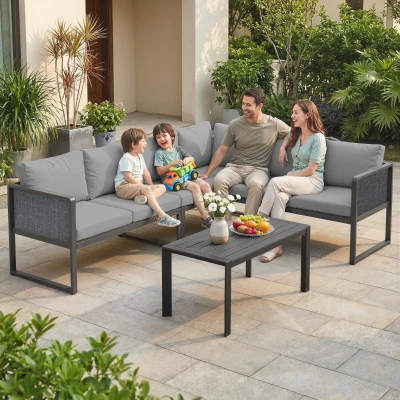 Outsunny 6-Seater Metal Corner Sofa Set with Table Dark Grey