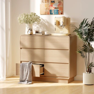 HOMCOM Aparador de 100 cm, aparador buffet con 6 cajones, cómoda para cocina, salón y comedor, madera natural