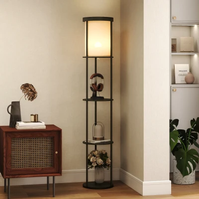 HOMCOM Lámpara de pie con 3 estantes, diseño redondo, mando a distancia, interruptor de pie, temperatura de luz ajustable, para salón, Negro