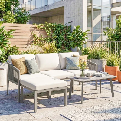 Outsunny 3 Piece Patio Dining Set with Sofa & Table, Grey