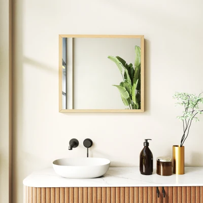 HOMCOM Espejo mural cuadrado 50 x 50 cm, marco en madera natural, ideal para baño, salón o dormitorio
