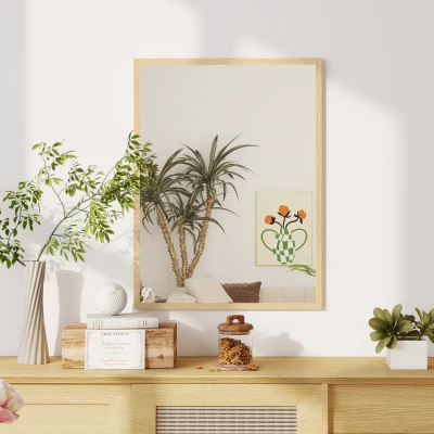 HOMCOM Espejo mural rectangular 80 x 60 cm, marco de madera natural, ideal para baño, salón o dormitorio