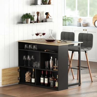 HOMCOM Mesa de bar extensible con abatible, mesa alta de cocina, 1 armario y 4 compartimentos abiertos, 116x79,6x90,5cm, negro