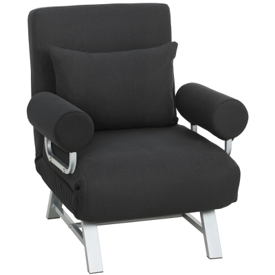 HOMCOM Butaca sofá-cama convertible reclinable 1 plaza Cojines lumbares y reposabrazos Patas metálicas Lino Negro
