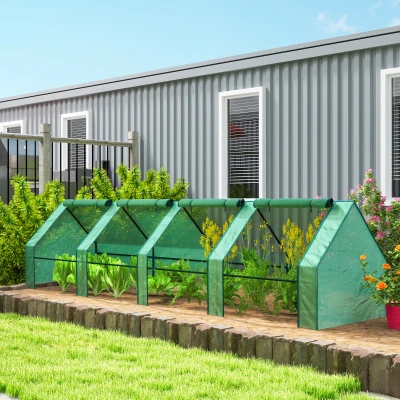 Outsunny Mini Invernadero de Jardín de 4 Puertas Enrollables con Cubierta Alargada, en Acero y PE, 360x90x90 cm, Verde