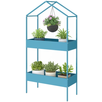 Outsunny Étagère Plantes 2 Niveaux Métal Forme Maison Bleu-Vert