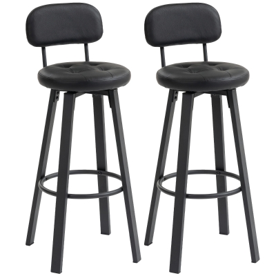 HOMCOM Set de 2 taburetes de bar, tapizado de cuero sintético, asiento acolchado, reposapiés, respaldo, estructura metálica, Negro