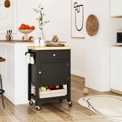 HOMCOM Carrito de cocina con ruedas, carro de servicio, encimera de madera de hévea, cajón, 63,5 x 40 x 90 cm, negro