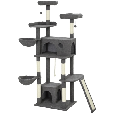 PawHut Árbol para gatos torre de juego con rascador 3 camas 2 casitas plataformas y 3 juguetes colgantes altura 174 cm gris