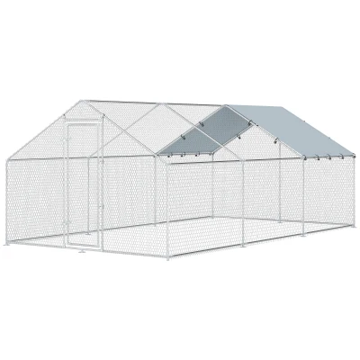 PawHut Poulailler Extérieur Grand en Acier Galvanisé 5,1x3x1,9 m 15,3 m² avec Couverture Tissu Oxford et Serrure Argent