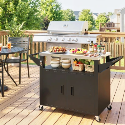 Outsunny Cărucior de bucătărie cu roți, cărucior de servire, cărucior cu dulap, mânere, suprafață din oțel inoxidabil 117 x 55 x 78 cm Negru