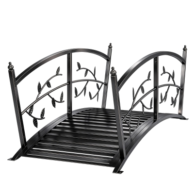 Outsunny Pont Métal 1,2m Noir avec Garde-Corps Décor Feuilles
