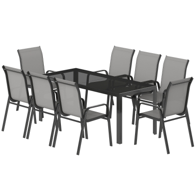 Outsunny Ensemble Extérieur 9pcs Table Verre 8 Chaises Gris Clair