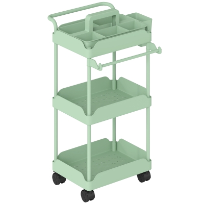 HOMCOM Carrito Auxiliar con Ruedas de 3 Niveles Carrito de Cocina con Cestas Extraíbles y Soporte para Toallas Verde