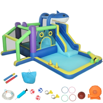 AIYAPLAY Castel gonflabil 8-în-1 gonflabil cu design rechin ventilator tobogan piscină trambulină pentru 3–8 ani 405x345x235cm Multicolor