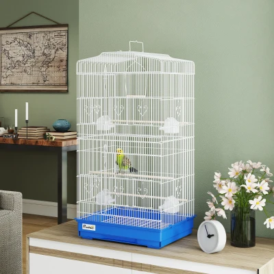 PawHut Gaiola para Pássaros Gaiola Metálica com 4 Tigelas de Comida 3 Poleiros Baloiço e Bandeja Removível Pega 46,5x35,5x92 cm Azul