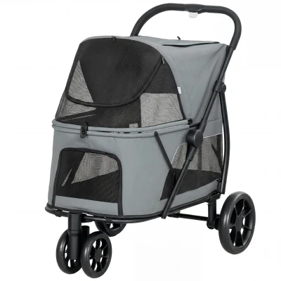PawHut Poussette pour Chiens Pliable à 3 Roues Fenêtres en Maille Coussin Lavable Tout-Terrain Charge 20 kg 92x63x95 cm Gris