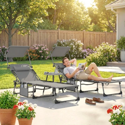 Outsunny Set de 2 Tumbonas Plegables con Reposacabezas Parasol Bolsillo Lateral y Respaldo Reclinable en 5 Posiciones Gris