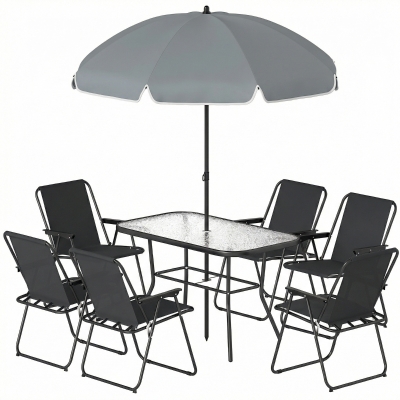 Outsunny Set Jardin 8 pcs Table Verre + 6 Chaises + Parasol Noir