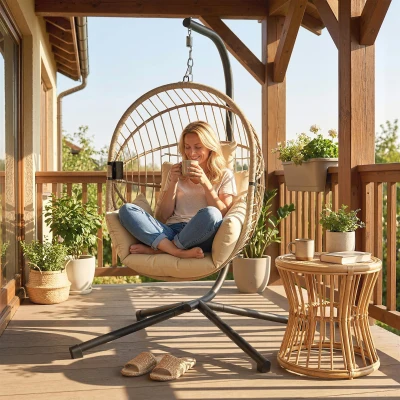 Outsunny Hänge-Ei-Sessel, Schaukel-Hängestuhl Innen und Außen, Klappbarer Korb, Gepolstertes Kissen, Kaki