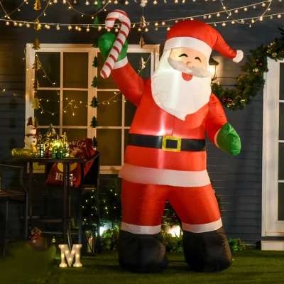 HOMCOM Decoración navideña inflable, Papá Noel de 2,4 m con iluminación LED, bastón de caramelo para interior y exterior