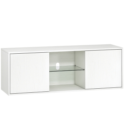 HOMCOM Mueble para TV hasta 140 cm suspendido o de suelo, puertas con cierre suave, orificio pasacables y estante de cristal, Blanco