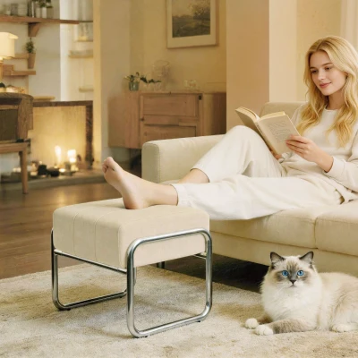 HOMCOM Fußhocker Sitzhocker Dick Gepolstert Hocker mit Chenille-Stoff Stahlbeinen für Schlafzimmer, Beige