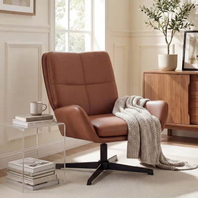 HOMCOM Butaca de Salón Tapizado en PU Sillón Lectura con Asiento Acolchado Reposabrazos Patas Metálicas Marrón