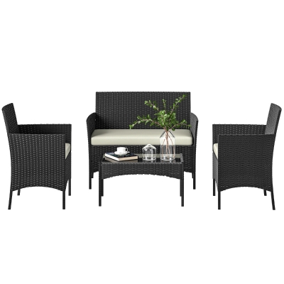 Outsunny Mobilier Jardin Rotin Canapé, Fauteuils, Table Verre Noir