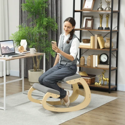 HOMCOM Silla ergonómica con apoyo para rodillas y reclinable, en tejido efecto lino y madera, 55x85x55 cm, Gris claro