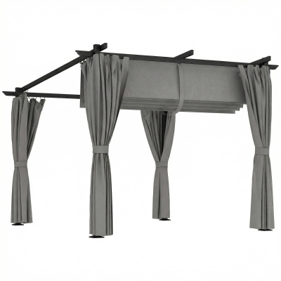 Outsunny Retractable Pergola with Curtains Light Grey 3x3m