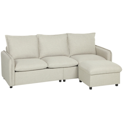 HOMCOM Sofá 3 plazas con puf con almacenamiento, sofá esquinero modular 212 cm, cojines con muelles, tejido de lino, crema