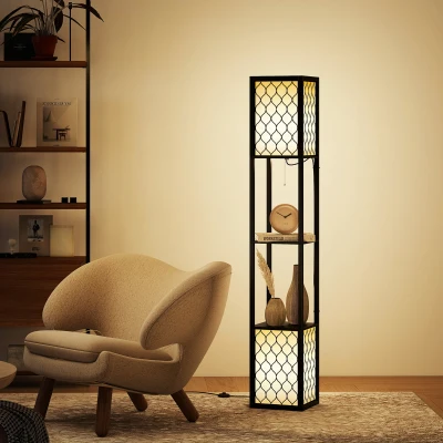 HOMCOM Floor Lamp with Shelves, Dual Light, Modern Tall Standing Lamps for Living Room, Bedroom, with Pull Chain Switch, Bulb not Included, Black