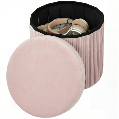 HOMCOM Pouf Rond Velours Rose 35L Pliable 38x38x38 cm